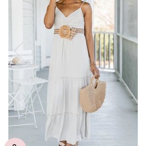 PINK LILY WORTH YOUR WHILE BEIGE TIERED MAXI DRESS